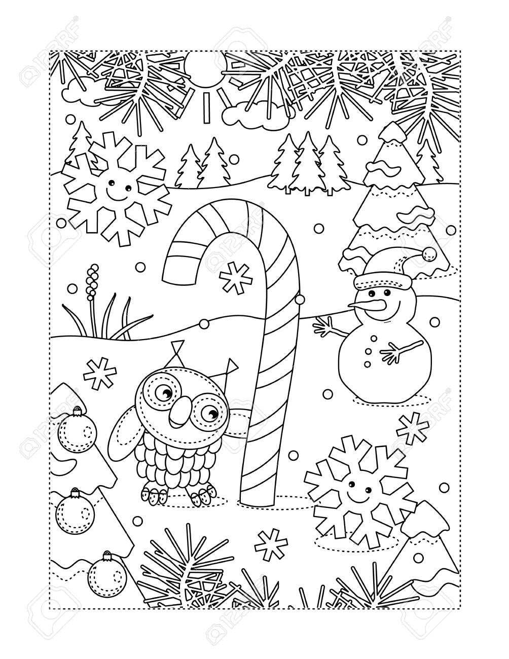 Winter Holidays Joy Themed Coloring Page With Big Magic Candy Cane Owl Snowman Two Cheerful Snowflakes Outdoor Scene Royalty Free SVG Cliparts Vectors And Stock Illustration Image 121550233 