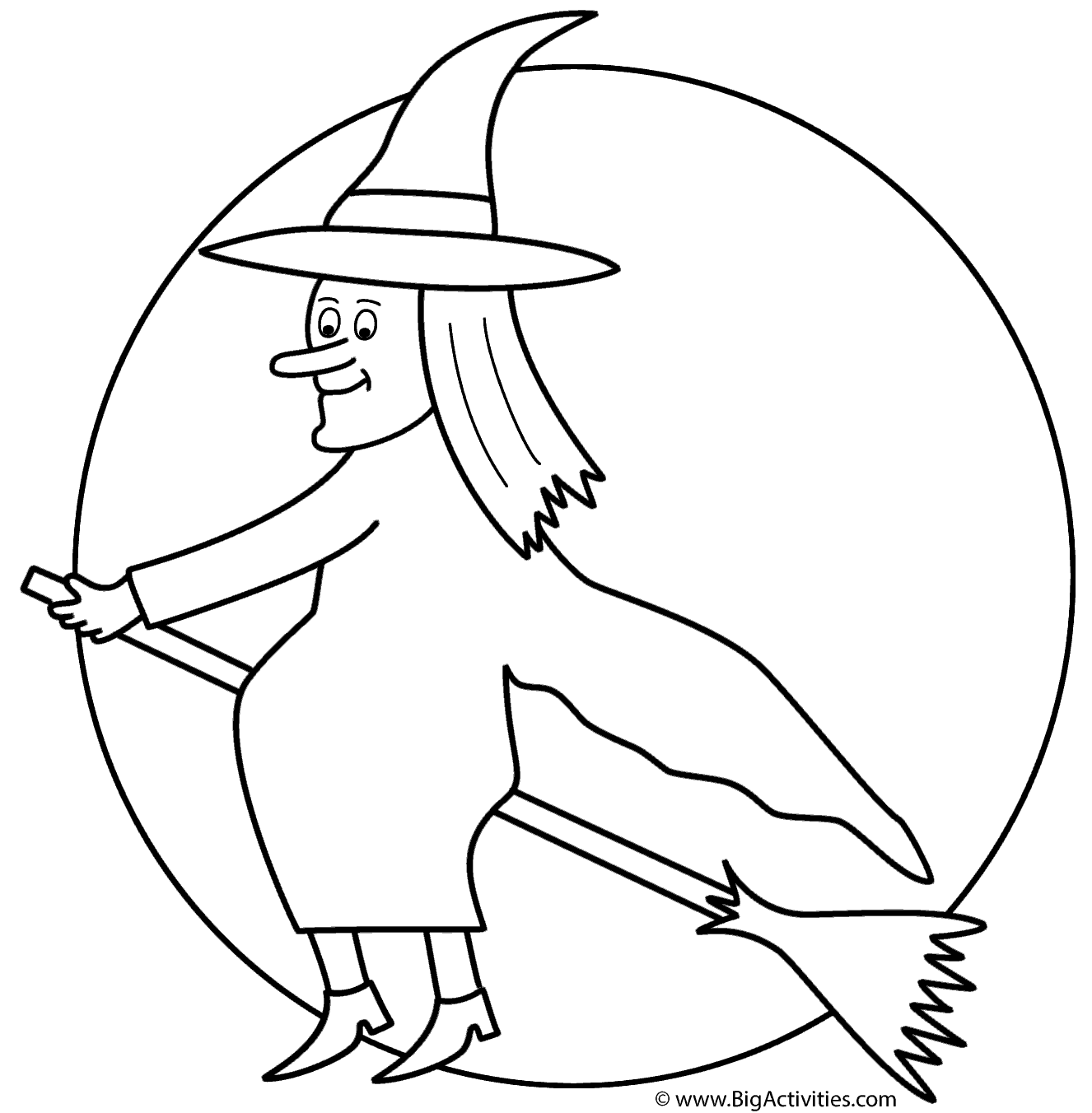 Witch On Broom With The Moon Coloring Page Halloween 